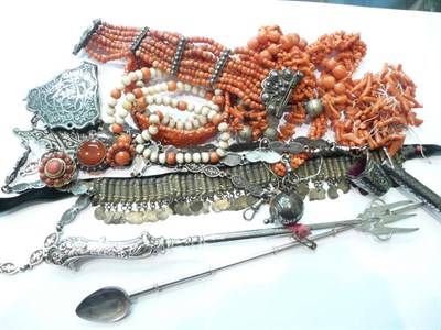 Lot 51 - Quantity of coral jewellery, steel chatelaine, sherbet spoon, butterknife, pickle fork