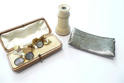 Lot 53 - Three pairs of cufflinks, silver card case, monocular glass and penknife