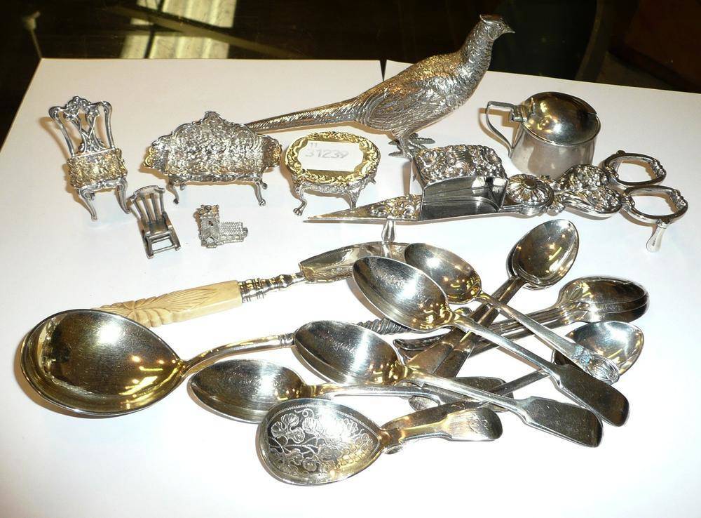 Lot 74 - Small quantity of silver ware including pheasant (maker AE Jones), tea spoons, miniature...