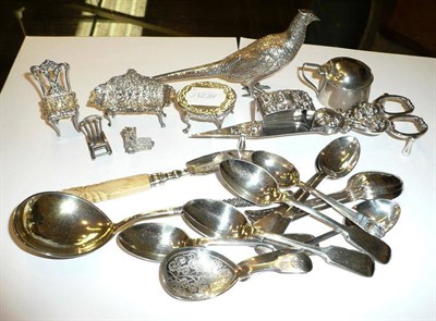 Lot 74 - Small quantity of silver ware including pheasant (maker AE Jones), tea spoons, miniature...
