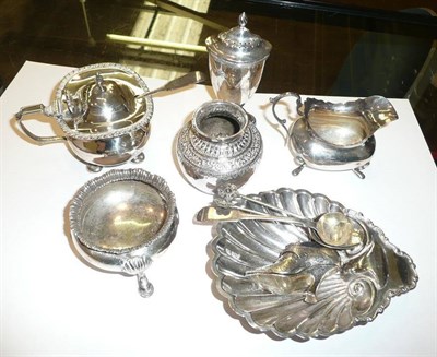 Lot 76 - A box of small silver and plated items including condiments, shell dish etc