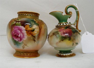 Lot 105 - Royal Worcester lobed vase painted with roses and a similar Hadley's jug (2)