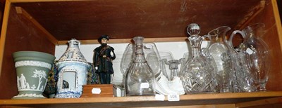 Lot 108 - Two shelves including hand painted bird glasses, decanters, Wedgwood vase etc