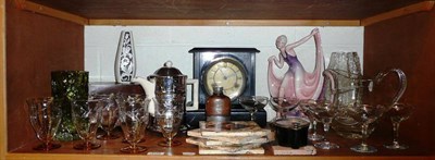 Lot 109 - Wood clock, glassware, Art Deco figure, tiles and sundry