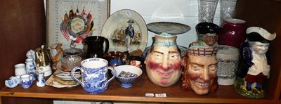 Lot 110 - A quantity of ceramics including Sarreguemines, Doulton, Noritake, Toby jugs etc and War silk...