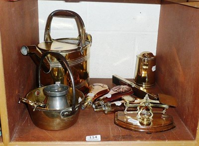 Lot 114 - Three copper and brass powder flasks, pair of postal scales, jam pan, lidded tankard, spirit level
