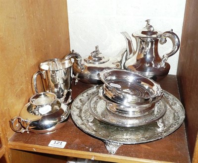 Lot 121 - Plated wares including coasters, tea set, two trays, tankard, vase
