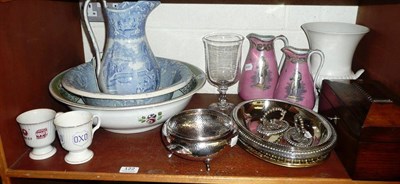 Lot 122 - Corona Ware 'Chantilly' wash bowl, blue and white jug and basin, two pink pottery jugs,...