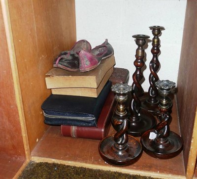 Lot 125 - Two pairs of barley twist candlesticks, wooden boxes, Indian shoes and dressing sets