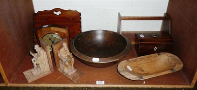 Lot 126 - Treen bowl, pair of bookends, tea caddy, book trough, letter rack, mantle clock and a treen scoop