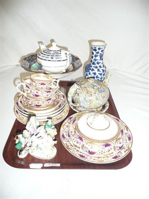 Lot 137 - A tray of ceramics including part Derby breakfast set, Continental figures, chintz tea pot,...