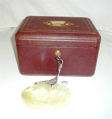 Lot 146 - Burgundy leather jewellery box with Bramah lock and a pheasant mounted onyx ash tray