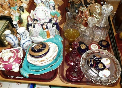 Lot 150 - Two trays including Staffordshire figures, cut glass decanters, Limoges boxes, soap dish,...