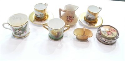Lot 187 - Five Royal Worcester miniatures, pair of miniature Coalport cups and saucers and a silver...