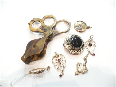 Lot 189 - Two Edwardian garnet set pendants, another pendant, a seed pearl brooch, a picture locket, a...