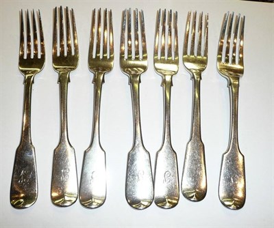 Lot 196 - Three silver table forks, Exeter 1850, two silver table forks, Exeter 1856 and two silver table...