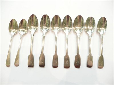 Lot 198 - Five silver teaspoons, London 1864, another, Exeter 1847, another London 1852 and two silver coffee