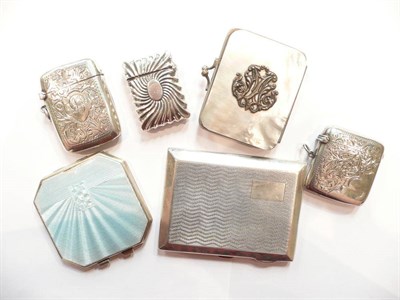 Lot 207 - A silver enamelled powder compact (damaged), a silver cigarette case, three silver vestas and a...