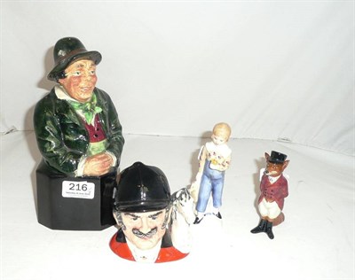 Lot 216 - A Royal Doulton character flask, small character jug 'The Master', Royal Doulton figures 'Tom'...