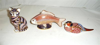 Lot 243 - Royal Crown Derby fish, cat and bird