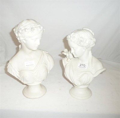 Lot 270 - Parian - unmarked, girl with flowers in hair; Copeland, bust of young girl with bird and garland to