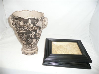 Lot 279 - A pair of composition framed plaques and a vase