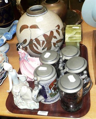 Lot 285 - Five steins, onyx clock, stoneware vase, Doulton figure and a Lladro figure