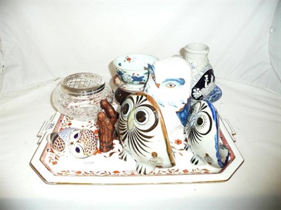 Lot 291 - Crown Derby owl and three other owls, pair of small figures, Wedgwood tray, rose bowl and...