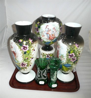 Lot 299 - Continental milk glass triple garniture and two pieces of decorated glass