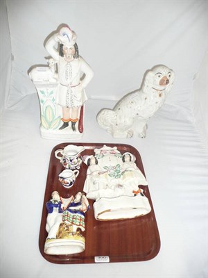 Lot 300 - Three Victorian Staffordshire figural groups, Staffordshire dog and two Allerton jugs