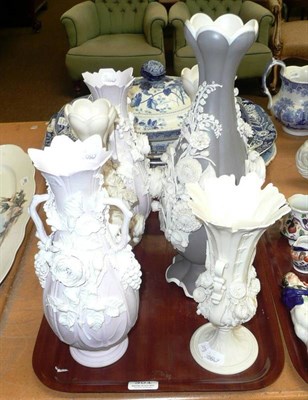 Lot 301 - Six Parian flower encrusted vases including - S Alcock, vase; S Alcock, flower encrusted vase;...