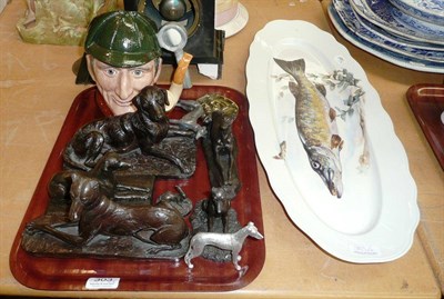 Lot 303 - Royal Doulton character jug 'The Sleuth', bronzed resin dogs, two horse brasses, a fish platter etc