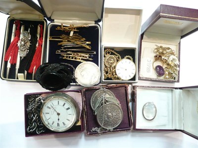 Lot 322 - A silver pocket watch, a Crown, another, a medallion, a quantity of small boxed jewellery