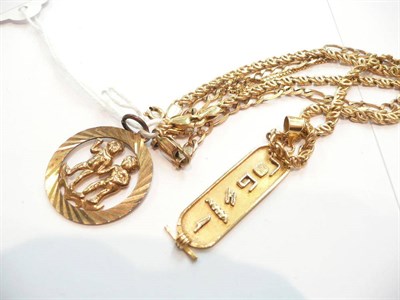 Lot 328 - Three gold chains and gold zodiac pendant and another pendant