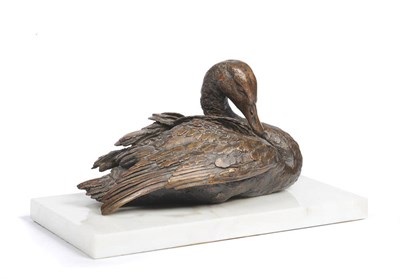 Lot 1147 - Sally Arnup (Contemporary, b.1930): A Bronze Study of a Juvenile Mute Swan, preening the...