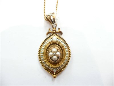 Lot 363 - Gold and enamel pendant set with pearls and a diamond on a chain