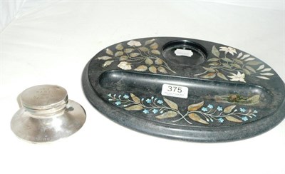 Lot 375 - A Pietra dura or Ashford marble desk standish and a hallmarked silver inkwell (2)