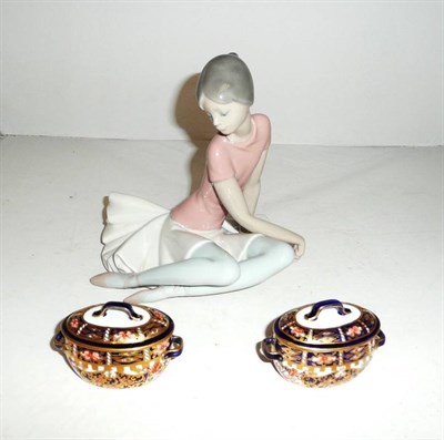 Lot 382 - Pair Royal Crown Derby oval miniature tureens and Lladro ballerina