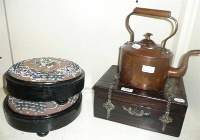 Lot 388 - A pair of ebonised and beadwork footstools, a mother of pearl inlaid box and a copper kettle