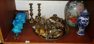 Lot 394 - A Chinese blue and white vase, a Fo Dog lamp, jar and cover and a quantity of brass ware