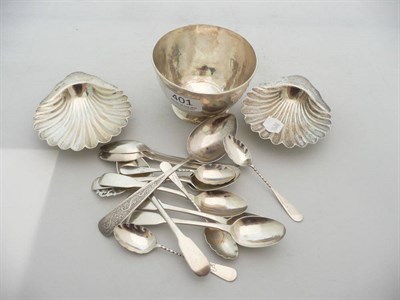 Lot 401 - Pair silver butter shells, assorted silver teaspoons and Burmese white metal bowl