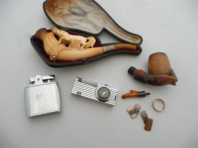 Lot 411 - Two Meerschaum pipes, lighter, jewellery etc