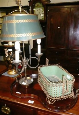 Lot 428 - Metal jardiniere in brass wirework stand, French horn table lamp and mahogany kidney tray