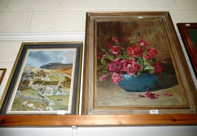 Lot 454 - Framed oil on board of red roses in a blue bowl signed E Fawcett and another oil by the same artist