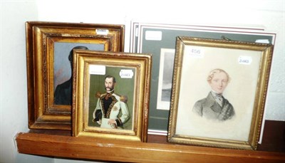 Lot 456 - Small framed portrait of a gentleman in uniform, oil portrait of a gentleman, watercolour...