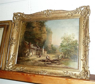 Lot 458 - Gilt framed oil on canvas figures outside thatched cottages near cliffs, signed R Stubbs 1858