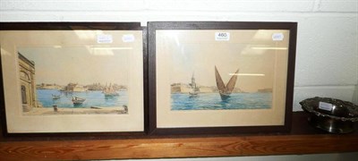 Lot 460 - Set of four watercolour views of Malta by Galia and plated wine coaster (5)