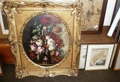 Lot 468 - Gilt framed oil on canvas, still life of flowers, framed print after Heaton Cooper, another...