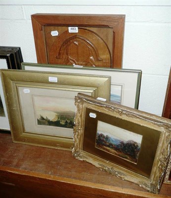 Lot 483 - Framed carved wooden house sign and three watercolours