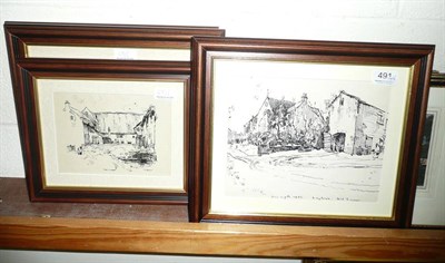 Lot 491 - Four pen and ink drawings by Fred Lawson; Castle Bolton, Leyburn and Watermill (4)